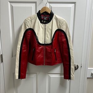 5/48 women’s Red Cream Leather motorcycle Jacket size 10 NWOT